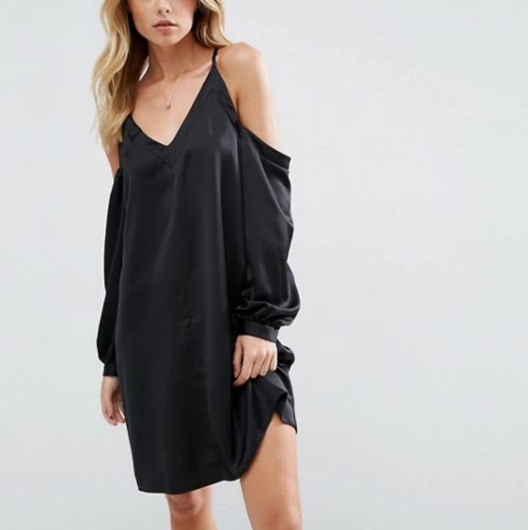 ASOS Olive Green Cold Shoulder V Neck Satin Dress